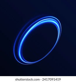 Curve blue line light effect. Luminous spiral cover. Wake wave, fire path trail line. Spiral png circular swoosh blur element vector. Blue light speed motion magic circle. Neon flare swirl. 