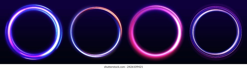 Curve blue line light effect neon swirl. Abstract ring background with glowing swirling background. Energy flow tunnel. Blue portal, platform. Magic circle vector.	