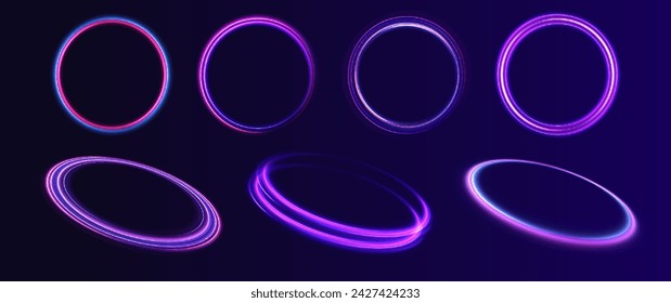Curve blue line light effect neon swirl. Abstract ring background with glowing swirling background. Energy flow tunnel. Blue portal, platform. Magic circle vector.	