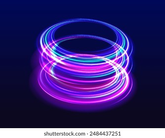 Curve blue line light effect neon swirl. Abstract ring background with glowing swirling background. Energy flow tunnel. Blue portal, platform. Magic circle vector.	