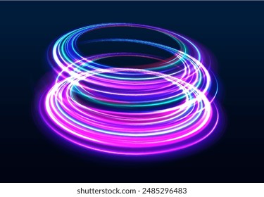 Curve blue line light effect neon swirl. Abstract ring background with glowing swirling background. Energy flow tunnel. Blue portal, platform. Magic circle vector.	