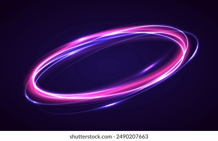 Curve blue line light effect neon swirl. Abstract ring background with glowing swirling background. Energy flow tunnel. Blue portal, platform. Magic circle vector.	