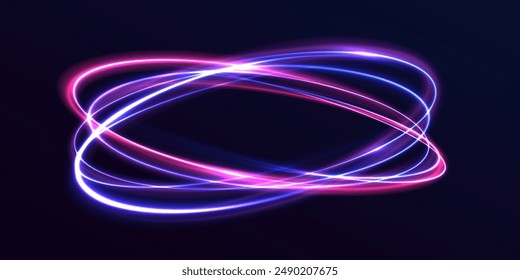 Efecto de luz de línea azul curva en remolino de neón. Fondo Abstractas del anillo con fondo giratorio brillante. Túnel de flujo de energía. Portal azul, plataforma. Vector de círculo mágico.	