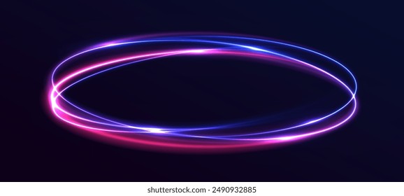 Curve blue line light effect neon swirl. Abstract ring background with glowing swirling background. Energy flow tunnel. Blue portal, platform. Magic circle vector.	