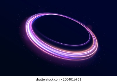 Curve blue line light effect neon swirl. Abstract ring background with glowing swirling background. Energy flow tunnel. Blue portal, platform. Magic circle vector.	