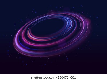Curva azul efecto de luz de neón remolino. Fondo de anillo Abstractas con fondo de remolino brillante. Túnel de flujo de energía. Portal azul, plataforma. Vector de círculo mágico.	