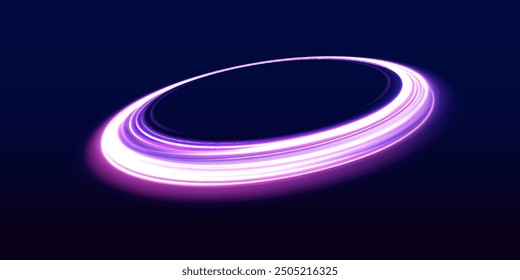 Curve blue line light effect neon swirl. Abstract ring background with glowing swirling background. Energy flow tunnel. Blue portal, platform. Magic circle vector.	