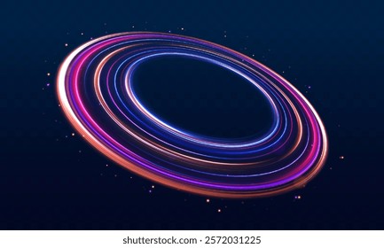 Curve blue line light effect neon swirl. Abstract ring background with glowing swirling background. Energy flow tunnel. Blue portal, platform. Magic circle vector.	