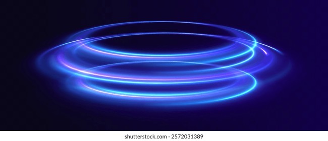 Curve blue line light effect neon swirl. Abstract ring background with glowing swirling background. Energy flow tunnel. Blue portal, platform. Magic circle vector.	