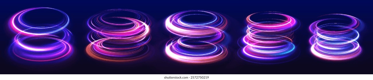 Curve blue line light effect neon swirl. Abstract ring background with glowing swirling background. Vector swirl trail effect. Abstract vector fire circles, sparkling swirls.	