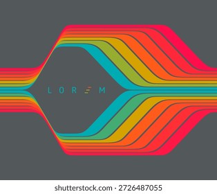 La curva de las líneas coloreadas crea un marco en el centro. Espacio para texto. Estilo retro de los años 70 o 80. Cintas dinámicas. Vector para folleto, póster, portada, tarjeta, presentación, volante o Anuncio.