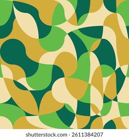 Curve continuous line overlap camouflage. Abstract colorful liquid psychedelic camo background. Wavy seamless khaki green pattern. Liquid texture for cover design. Vector illustration