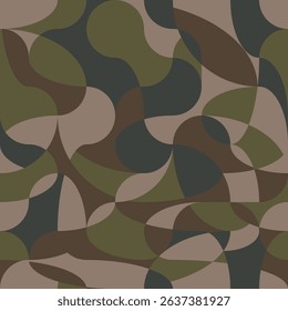 Curve continuous line overlap camouflage wallpaper. Wavy seamless dark khaki green army camo pattern. Liquid texture design. Vector background