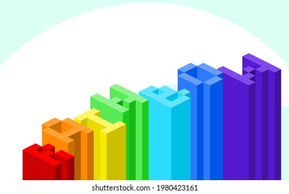 curve copy space with Rainbow isometric colorful very tall three-dimensional alphabet isolated on azure background, vector art background design illustration.