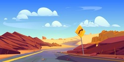 Curve Desert Road Landscape Vector Background With Turn Sign. West Arizona Sand Scene With Empty Winding Canyon Highway. Rock Valley Direction In Sunny American Wilderness Route Roadtrip Scenery.