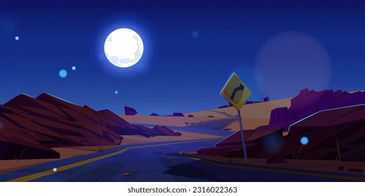 Curve desert road night landscape vector background with turn sign. West arizona sand scene with empty canyon highway. Dark rock valley direction in american wilderness route roadtrip scenery.