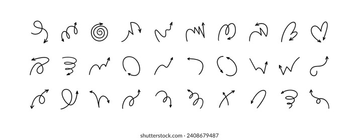 Curve doodle arrow set. Thin line hand drawn vector illustration. Sketch pen and pencil scribble drawing. Left, up, down, side, cross, wavy, spiral, vortex, swirl movement direction. 