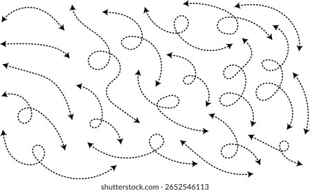 curva linha pontilhada seta lado duplo definido. Seta de doodle de linha desenhada à mão. sinal de ponteiros curvos. Esboçar setas tracejadas curvas. Setas tracejadas. Poste de sinalização mostrando caminho complexo confuso
