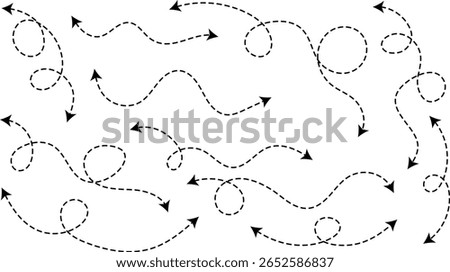 Curve dotted line arrow double side set. Spiral dotted line arrow. Zigzag arrow stripes design with dotted lines. curved hand drawn arrows. Sketch dashed arrows design
