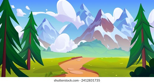 Curve foot path from forest with green pines to rocky mountains. Cartoon vector summer sunny landscape of walkway in meadow with grass and trees. Grassland natural panoramic with soil road to hills.