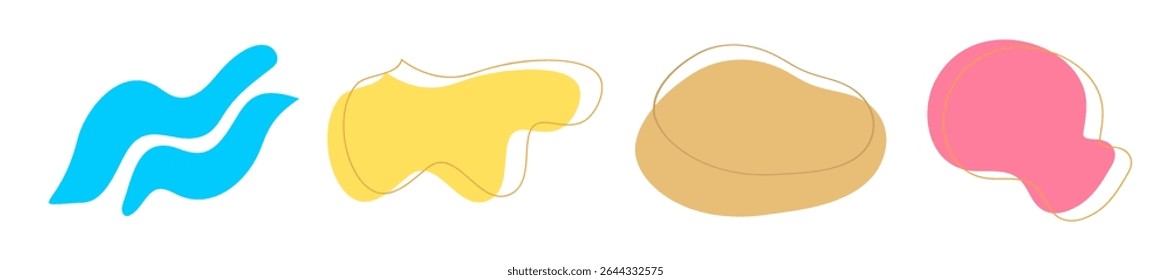 Curve geometric shapes freehand blob drawings. Colorful summer background abstract objects - waves, sand, sunlight symbols. Cute organic frames. Simple spotted signs group. Vector template collection.
