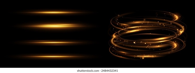 Curve golden line light effect. Smooth holiday light line with lighting effects. Light cool whirlwind. curve light effect