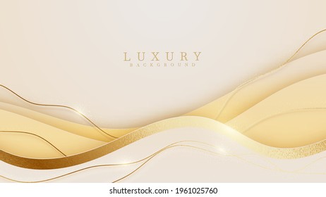 Curve golden line on cream shade background. Luxury realistic concept. 3d paper cut style. Vector illustration for design.