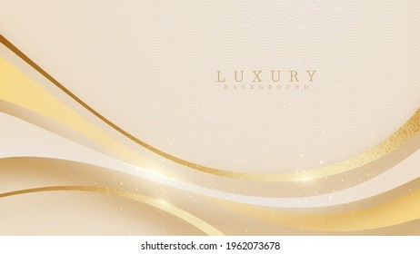 Curve golden line on cream shade background. Luxury realistic concept. 3d paper cut style. Vector illustration for design.