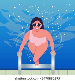 A curve Hispanic woman comes out of the pool and climbs the stairs. Summer holidays at the resort. Vector flat illustration