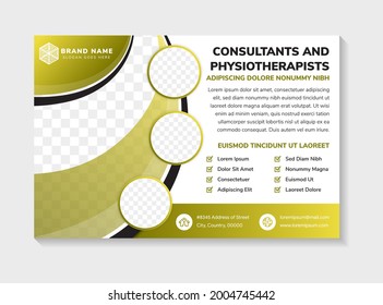 Curve horizontal flyer template design with headline consultants and physiotherapists. horizontal layout with space for photo collage. curve of element use black and dark yellow and white background.