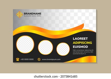 Curve horizontal layout flyer template design use dummy text of headline. circle shape for photo collage space. black background with gold yellow gradient in the element.