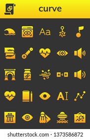 curve icon set. 26 filled curve icons.  Collection Of - Wave, Graphic design, View, Typography, Belly piercing, Musical note, Cardiogram, Suspension, Eye, Volume, Arch, Dna, Wind