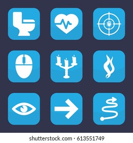 Curve icon. set of 9 filled curve icons such as toilet, heartbeat, eye, dna, candlestick, smoke, curved arrow, forward