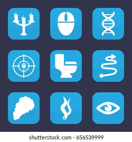 Curve icon. set of 9 filled curve icons such as toilet, eye, dna, candlestick, smoke, curved arrow