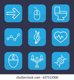 Curve icon. set of 9 outline curve icons such as mouse, toilet, heartbeat, dna, candlestick, smoke, forward