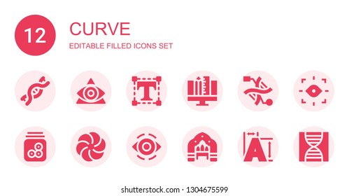 curve icon set. Collection of 12 filled curve icons included Dna, Eye, Typography, Graphic design, Eyeball, Vortex, Arch