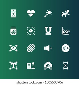 curve icon set. Collection of 16 filled curve icons included Dna, Arch, Clone, Typography, Volume up, Volume, Compress, View, Chart, Underline, Eye, Eyeball, Lizard, Magic tool