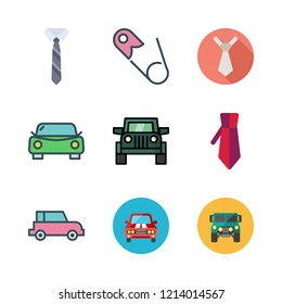 curve icon set. vector set about car, suv, safety pin and tie icons set.