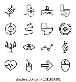 Curve icons. set of 16 editable outline curve icons such as mouse, toilet, heartbeat, eye, graph, open air, dna, forward, candlestick, smoke