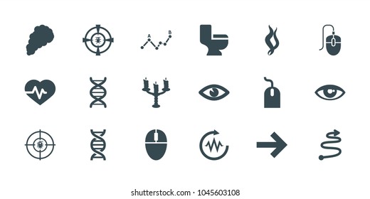 Curve icons. set of 18 editable filled curve icons: mouse, toilet, heartbeat, eye, dna, forward, candlestick, smoke, curved arrow