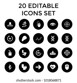 Curve icons. set of 20 editable filled curve icons such as mouse, toilet, heartbeat, open air, dna, forward, smoke, curved arrow. best quality curve elements in trendy style.