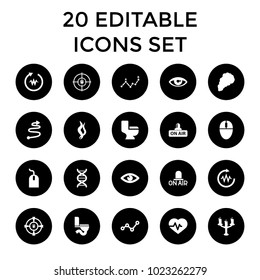 Curve icons. set of 20 editable filled curve icons such as mouse, toilet, heartbeat, eye, graph, open air, dna, candlestick. best quality curve elements in trendy style.