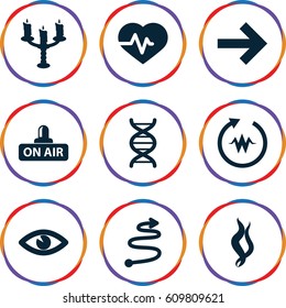 Curve icons set. set of 9 curve filled icons such as heartbeat, eye, open air, dna, candlestick, smoke, curved arrow