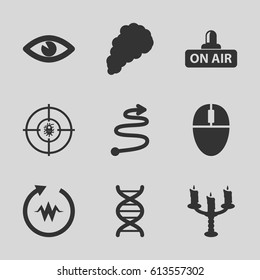 Curve icons set. set of 9 curve filled icons such as eye, open air, dna, candlestick, smoke, curved arrow, heartbeat
