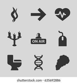 Curve icons set. set of 9 curve filled icons such as mouse, toilet, heartbeat, open air, dna, candlestick, smoke