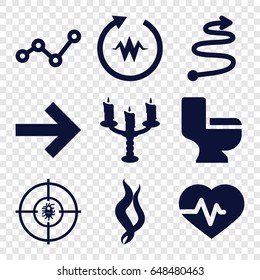 Curve icons set. set of 9 curve filled icons such as toilet, heartbeat, dna, candlestick, smoke, curved arrow, graph