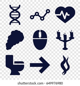 Curve icons set. set of 9 curve filled icons such as toilet, heartbeat, dna, candlestick, smoke, graph, forward