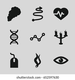 Curve icons set. set of 9 curve filled icons such as mouse, heartbeat, eye, dna, candlestick, smoke, curved arrow