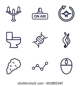 curve icons set. Set of 9 curve outline icons such as toilet, open air, dna, candlestick, smoke, heartbeat, mouse