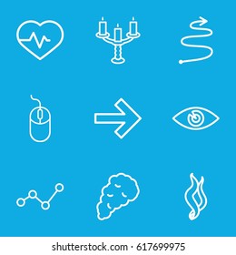 Curve icons set. set of 9 curve outline icons such as mouse, heartbeat, eye, candlestick, smoke, curved arrow, forward